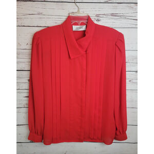 Vtg Josephine Red Preppy Pleated Button Front Long Sleeve Blouse Women's Size 16